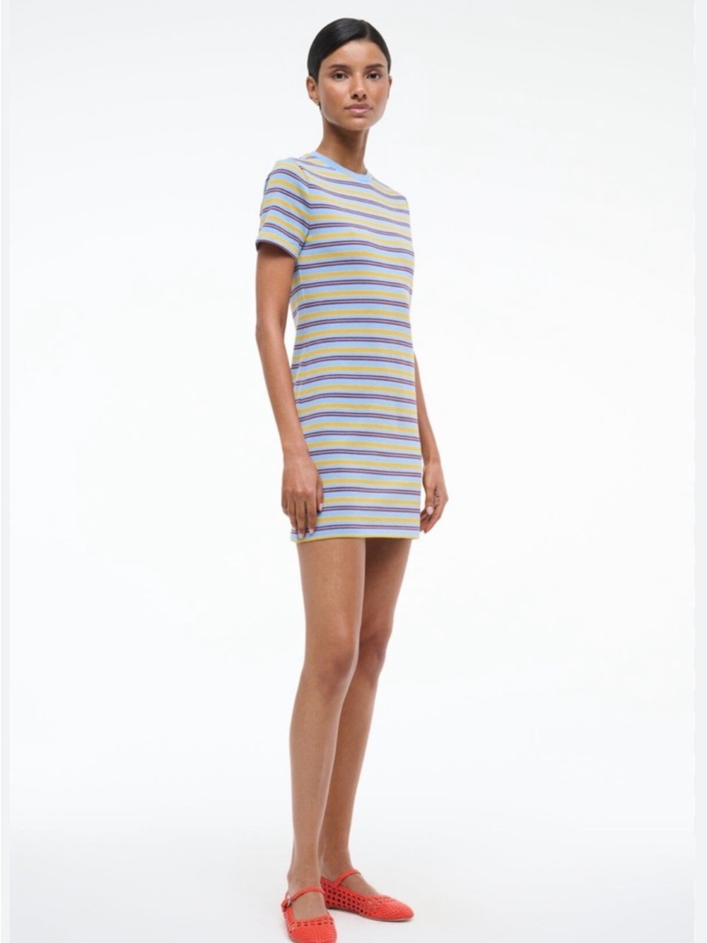 STAUD Wade Mini Tee Shirt Dress Blue Stripe Cotton Stretch Size Large